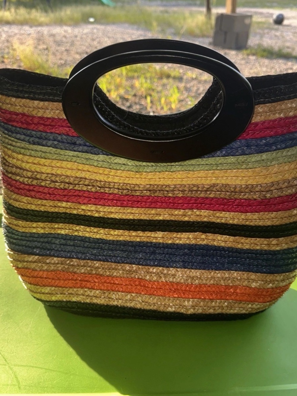 Kim Rogers Multicolor Striped Tote with Black Oval Handles